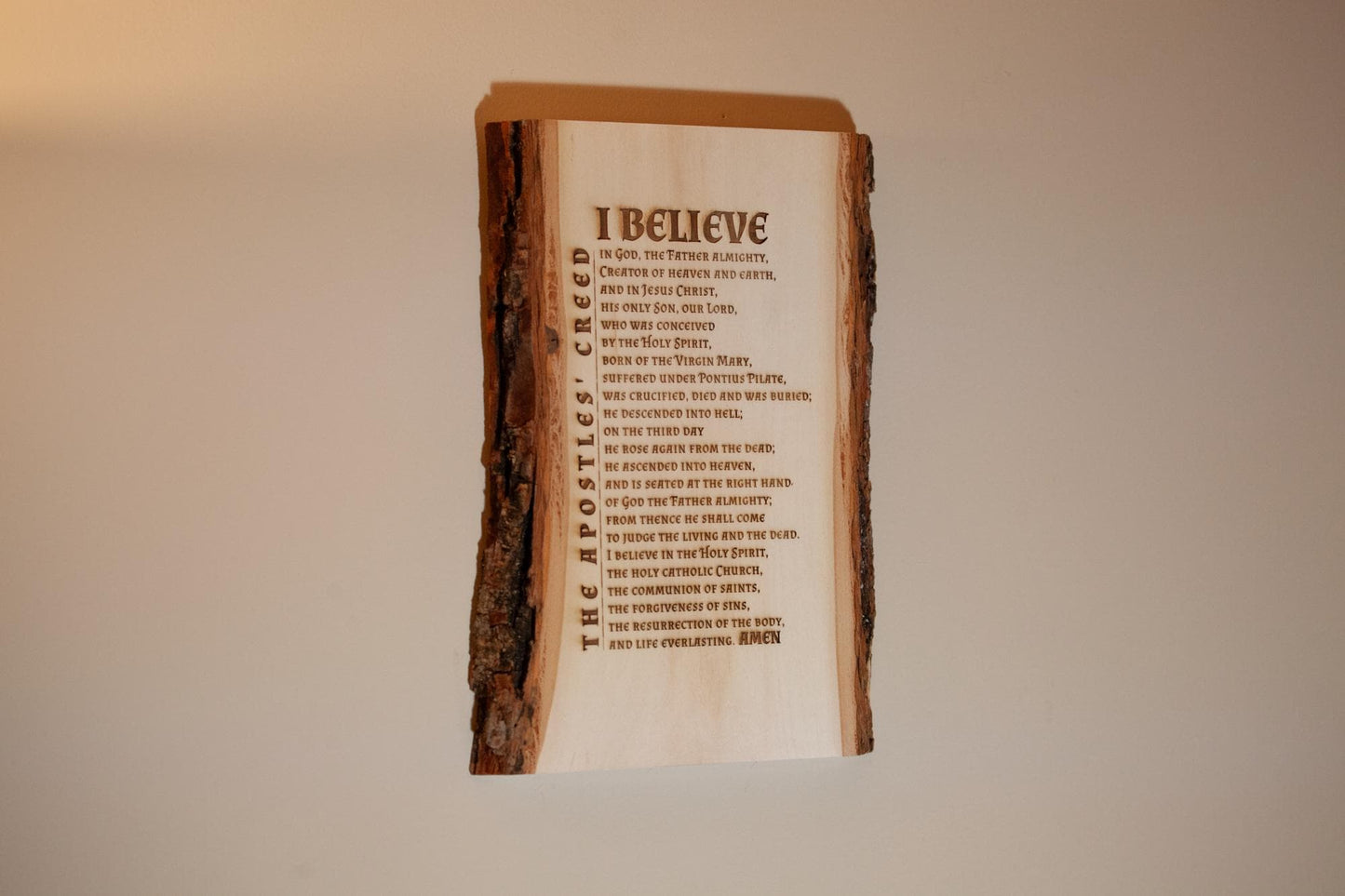 The Apostles' Creed, I Believe, 7.5 x 11 inch Laser-Engraved Wood Wall Art with Bark Edge, Engraved in the USA