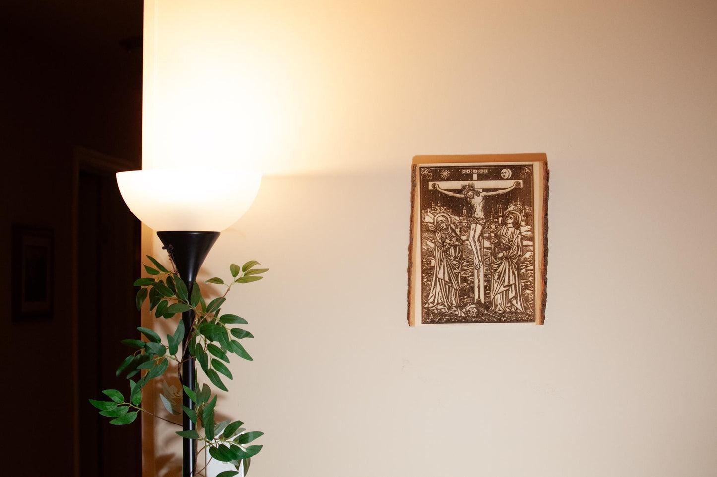 The Crucifixion, 10.5 x 13 inch Laser-Engraved Wood Wall Art with Bark Edge, Engraved in the USA