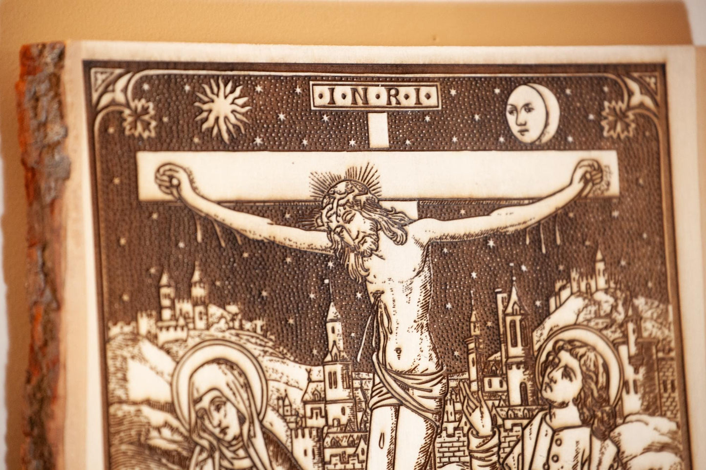 The Crucifixion, 10.5 x 13 inch Laser-Engraved Wood Wall Art with Bark Edge, Engraved in the USA