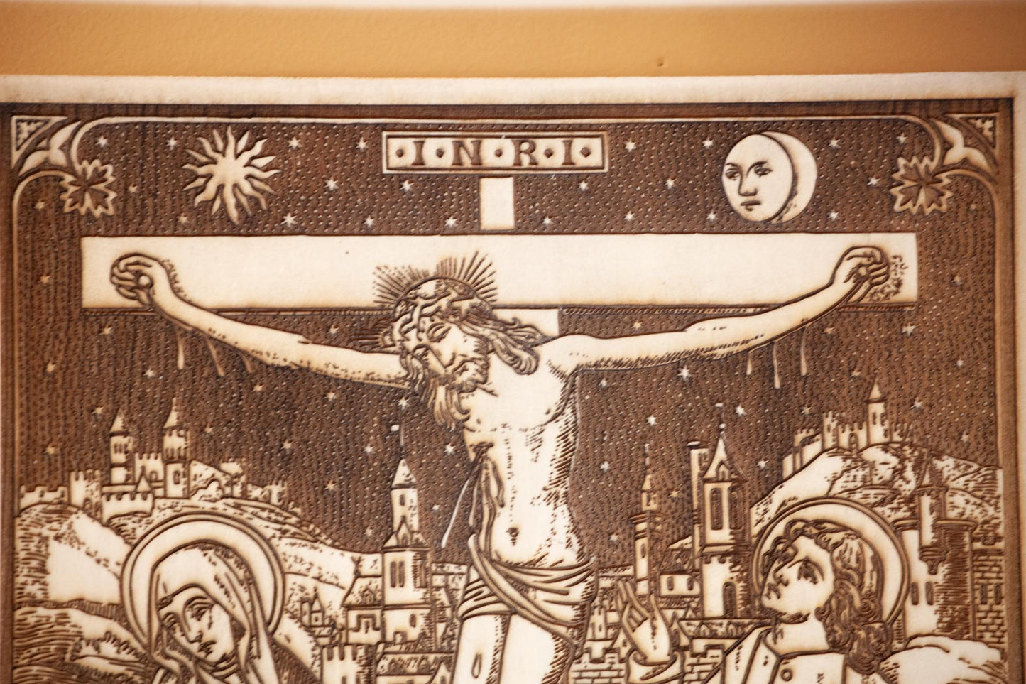 The Crucifixion, 10.5 x 13 inch Laser-Engraved Wood Wall Art with Bark Edge, Engraved in the USA