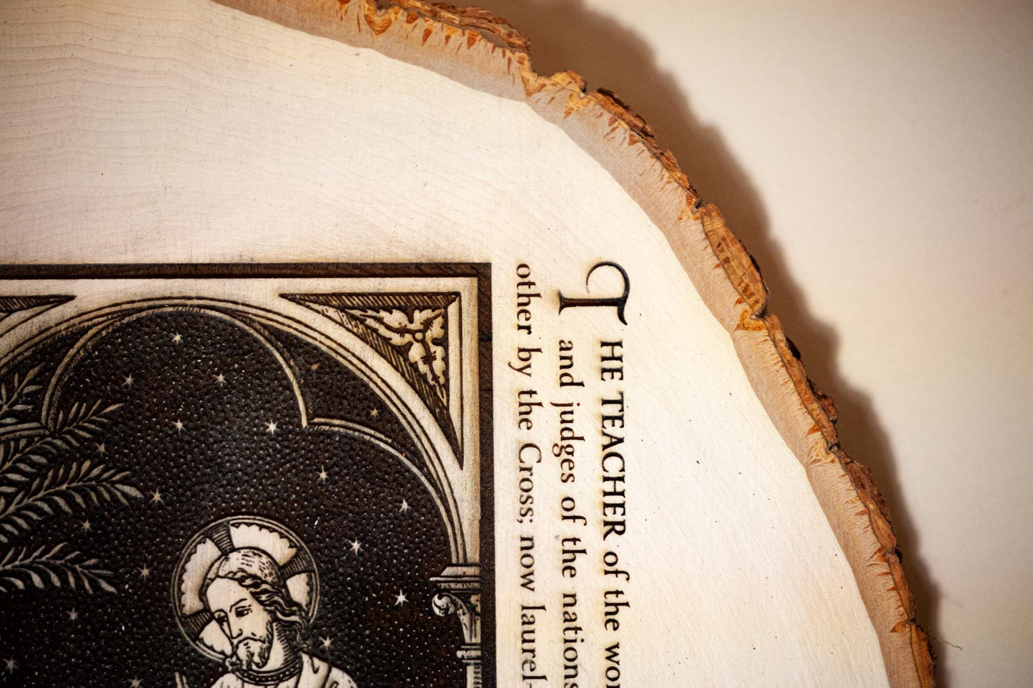 Saint Peter with Jesus, Keys to the Kingdom, 10" x 12" Laser-Engraved Wood Wall Art with Bark Edge, Engraved in the USA, Catholic Living