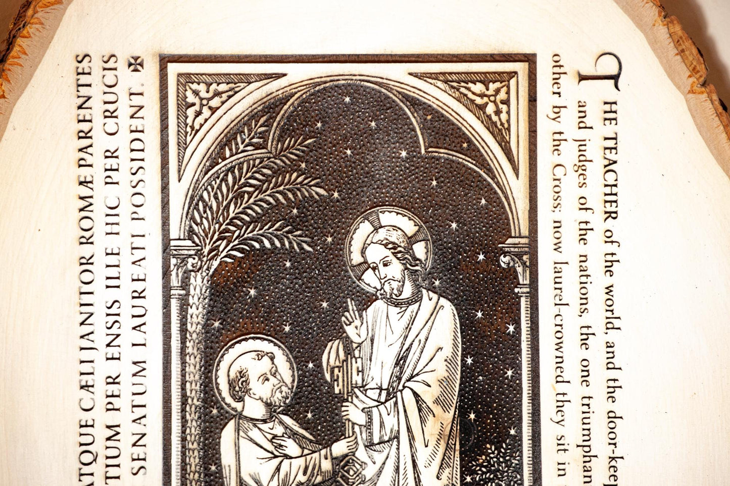 Saint Peter with Jesus, Keys to the Kingdom, 10" x 12" Laser-Engraved Wood Wall Art with Bark Edge, Engraved in the USA, Catholic Living