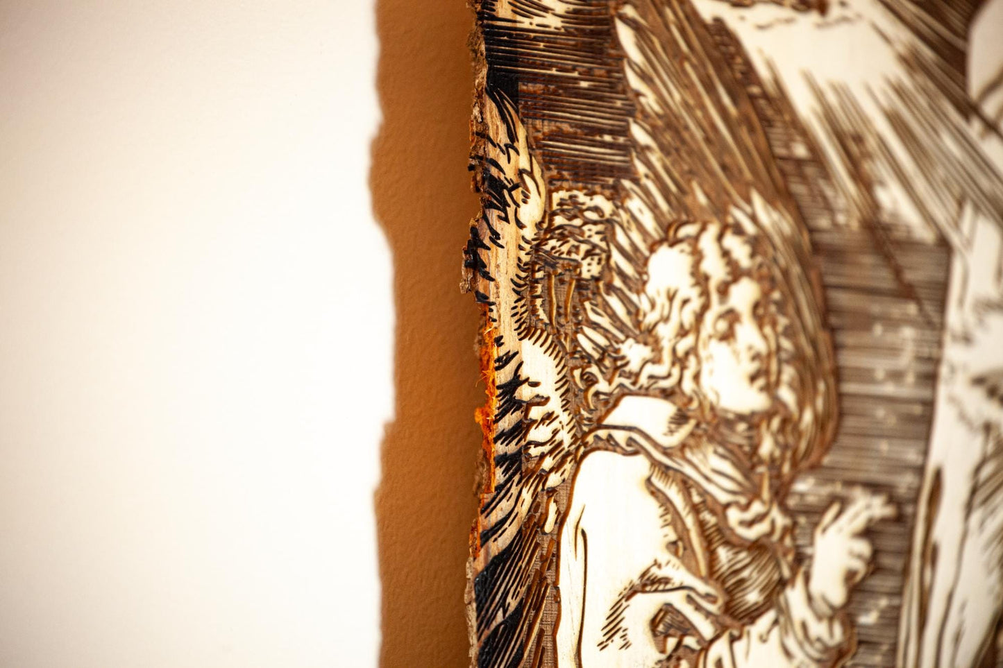 The Annunciation of the Angel Gabriel to Mary 10" x 13" Laser-Engraved Wood Wall Art with Bark Edge, Engraved in the USA, Catholic Living