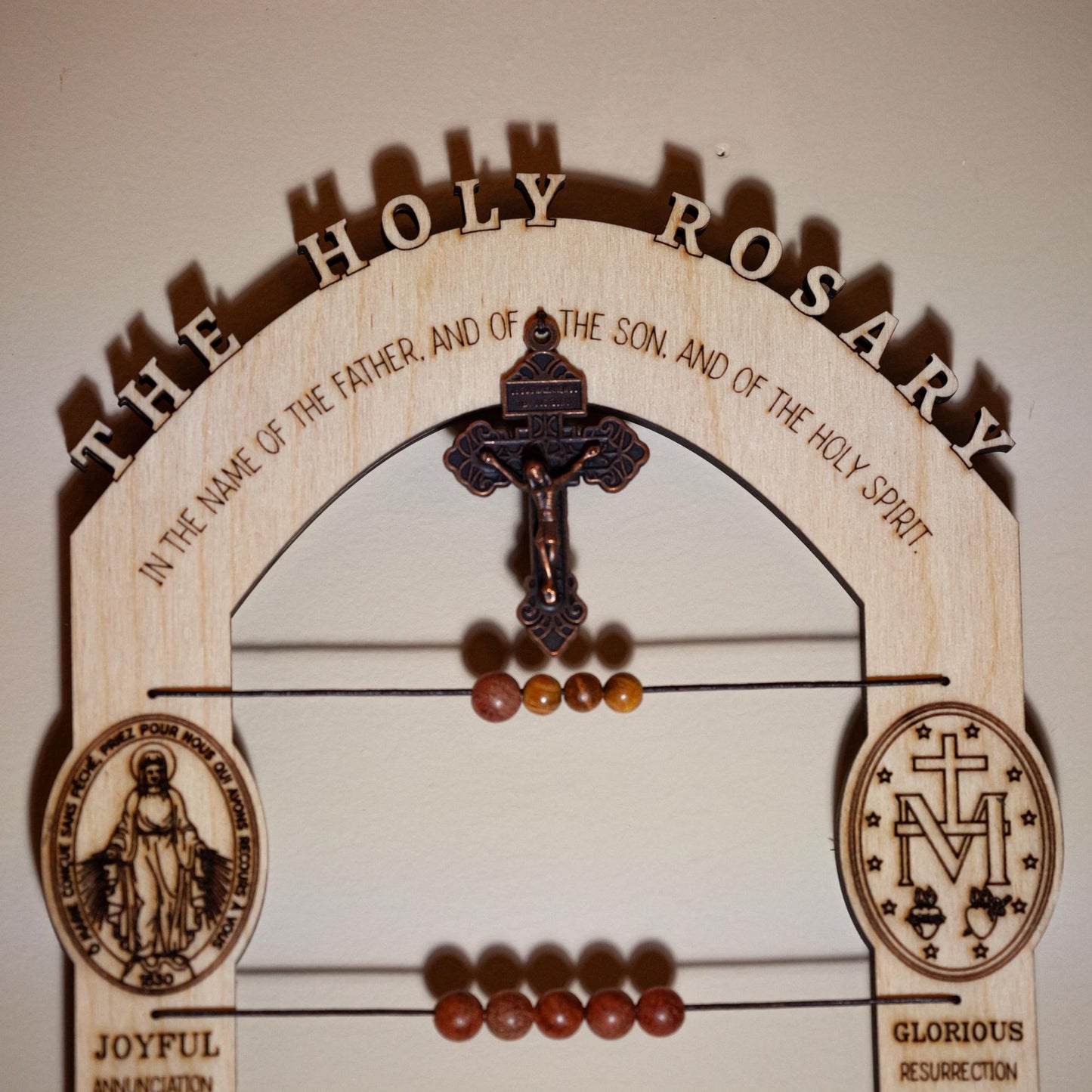 3-in-One Kitchen Rosary, 12" x 6", Laser-Engraved Birch Wood, For Fridge, Countertop, Wall, Made in the USA, Catholic Living