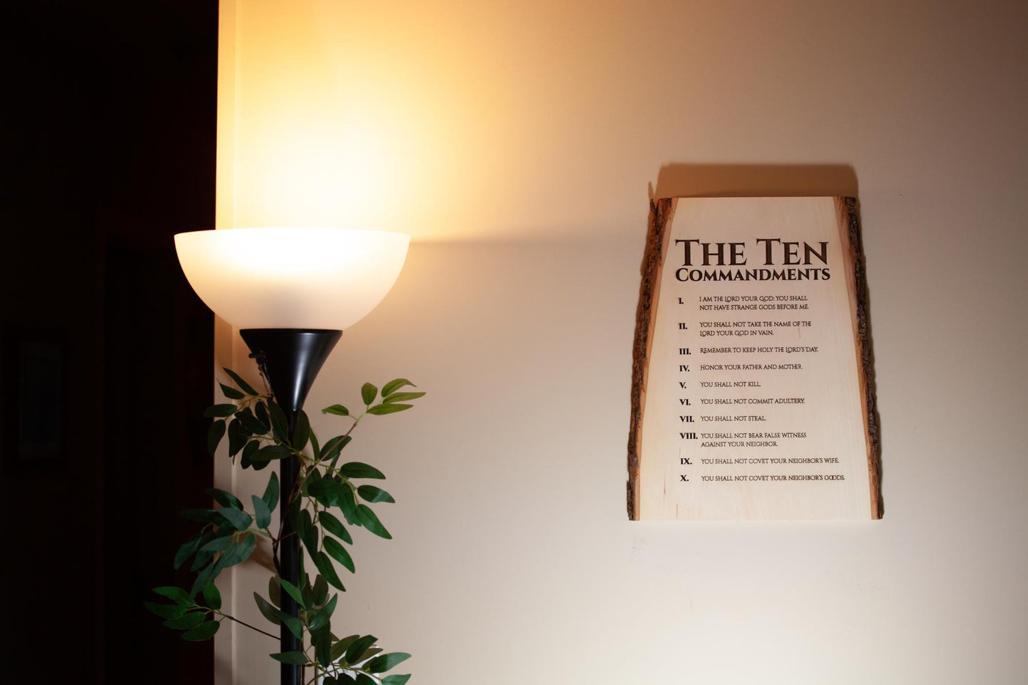 The Ten Commandments, 11" x 16" Laser-Engraved Wood Wall Art with Bark Edge, Engraved in the USA, Catholic Living
