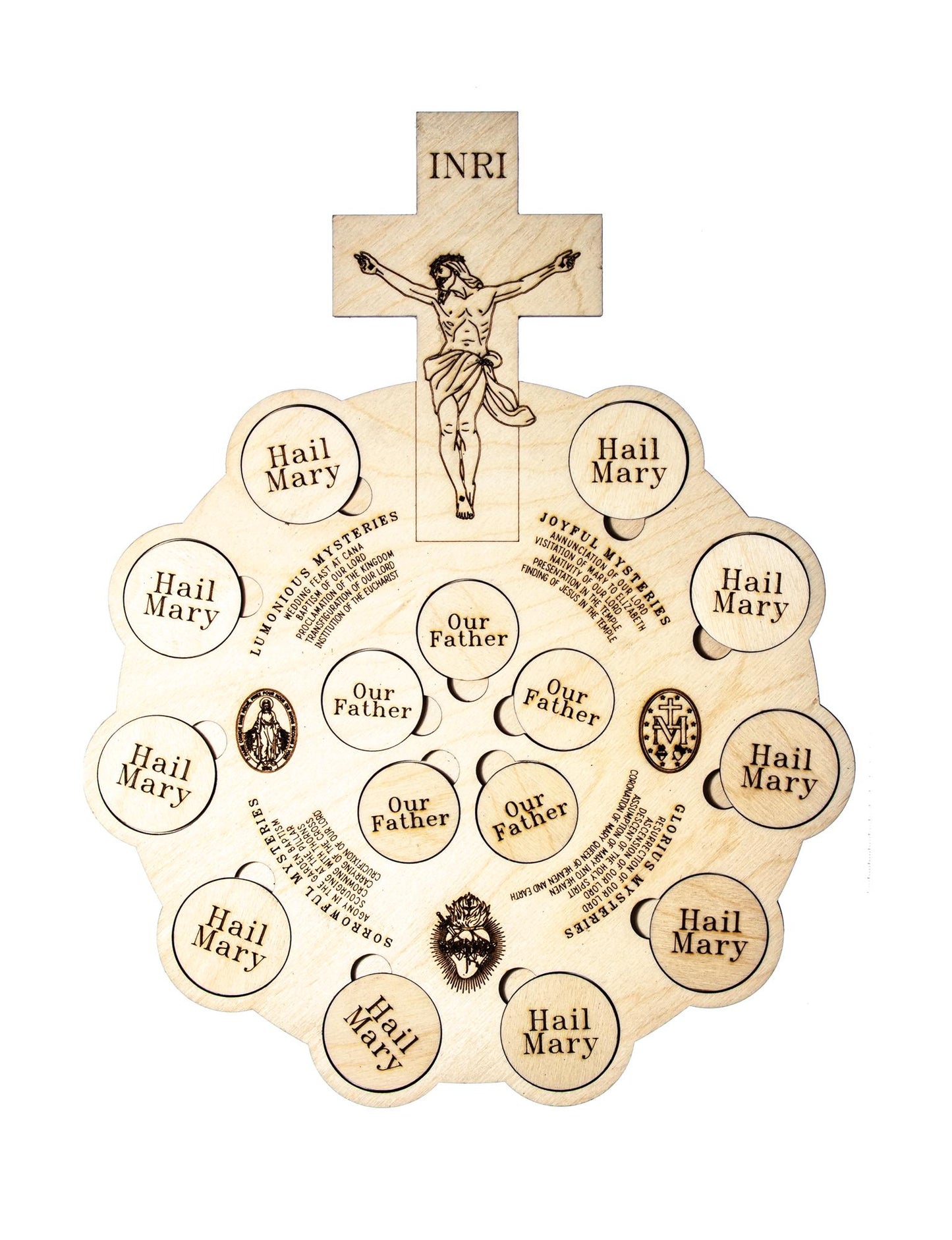 Interactive Wooden 5-Decade Rosary Board, 10x13" | Catholic Family Tabletop Rosary Puzzle | Laser Engraved Baltic Birch | Made in the USA