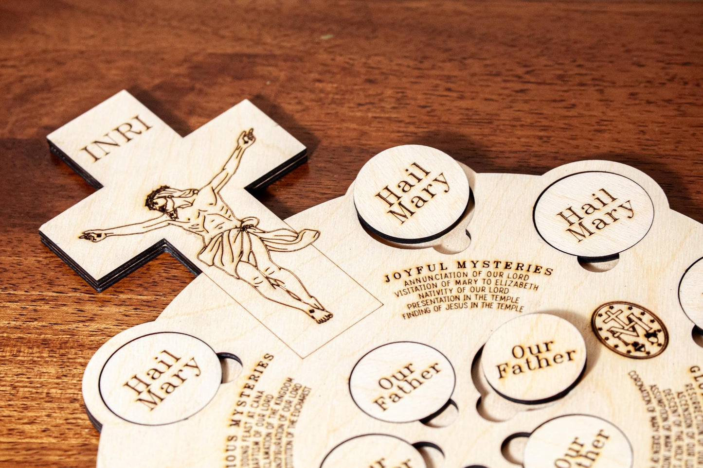 Interactive Wooden 5-Decade Rosary Board, 10x13" | Catholic Family Tabletop Rosary Puzzle | Laser Engraved Baltic Birch | Made in the USA