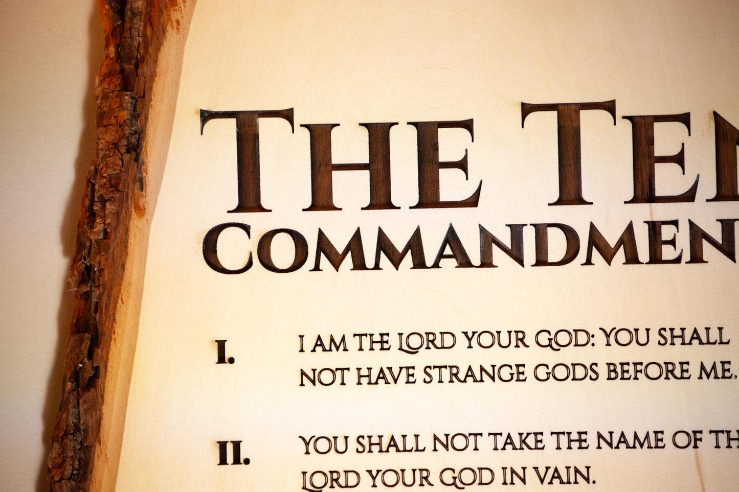 The Ten Commandments, 11" x 16" Laser-Engraved Wood Wall Art with Bark Edge, Engraved in the USA, Catholic Living