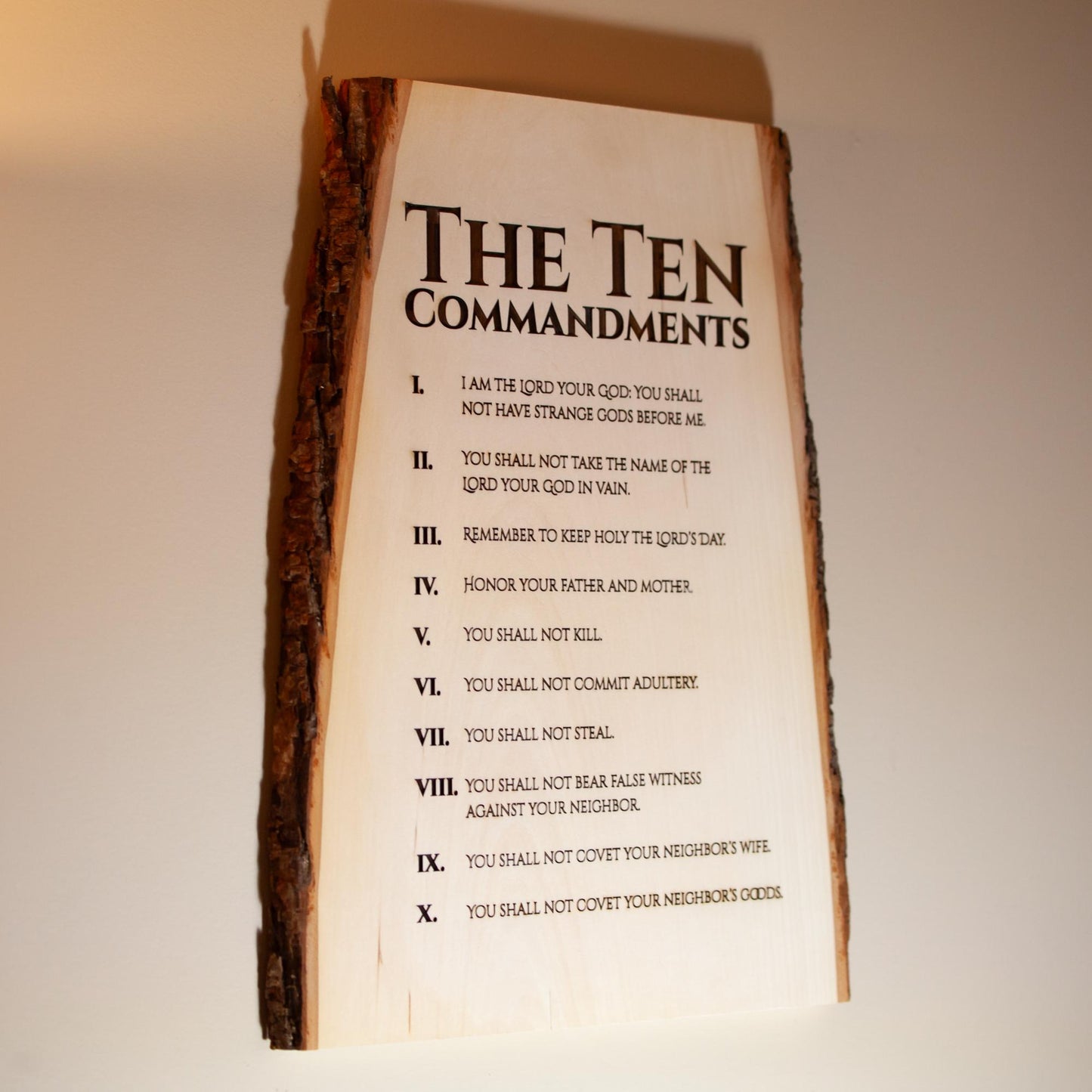 The Ten Commandments, 11" x 16" Laser-Engraved Wood Wall Art with Bark Edge, Engraved in the USA, Catholic Living
