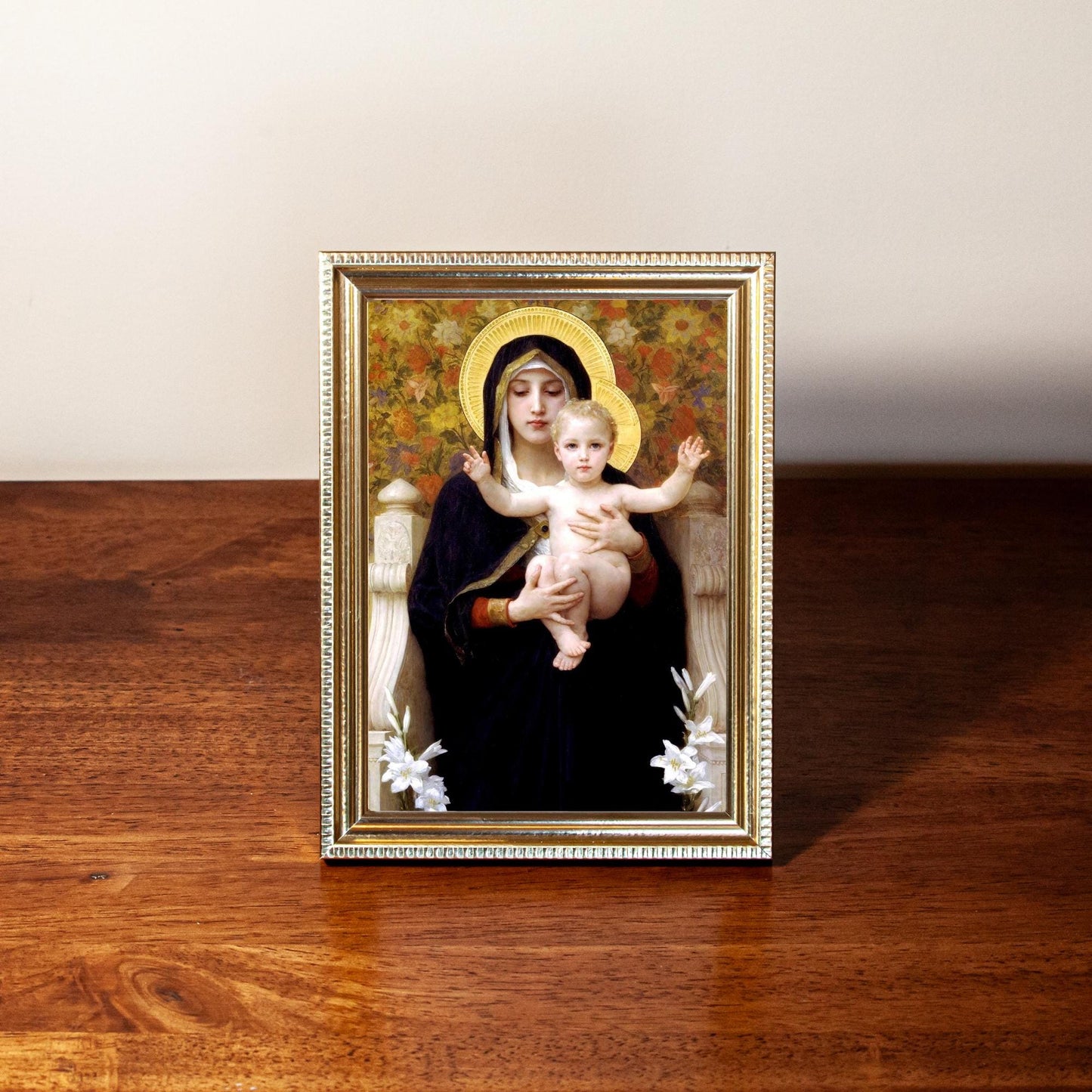 Virgin of the Lilies, Madonna & Child, Bouguereau, Hand-Framed Original Design—Restored Antique Artwork—Gold Frame, Wall Decor, 5x7, 8x10