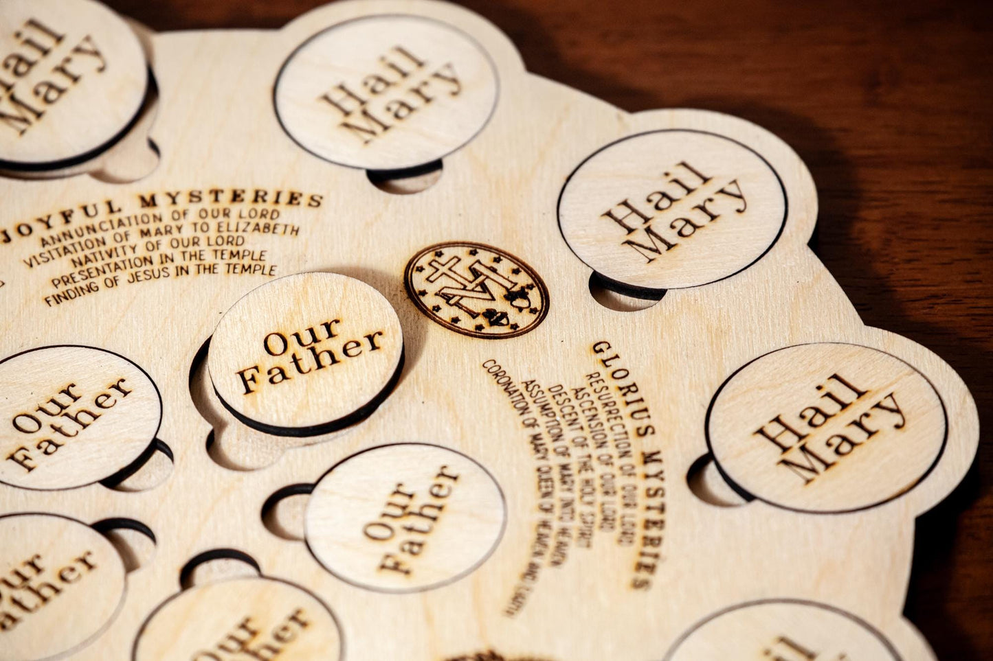 Interactive Wooden 5-Decade Rosary Board, 10x13" | Catholic Family Tabletop Rosary Puzzle | Laser Engraved Baltic Birch | Made in the USA