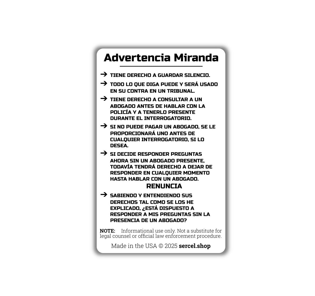 Miranda Warning Bilingual English-Spanish Wallet Card — Durable Plastic Know Your Rights Card for Police, Legal Aid, Attorneys, Made in USA