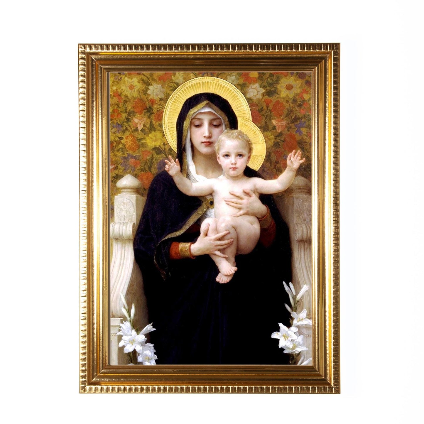 Virgin of the Lilies, Madonna & Child, Bouguereau, Hand-Framed Original Design—Restored Antique Artwork—Gold Frame, Wall Decor, 5x7, 8x10