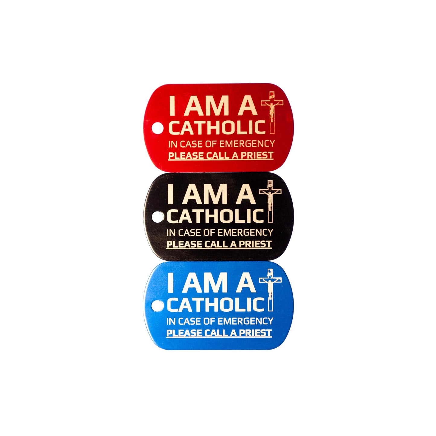 I AM A CATHOLIC Keychain Tag β Call a Priest Emergency Tag β Laser Engraved Metal ID β Red, Black, or Blue β Catholic Gift Key Ring