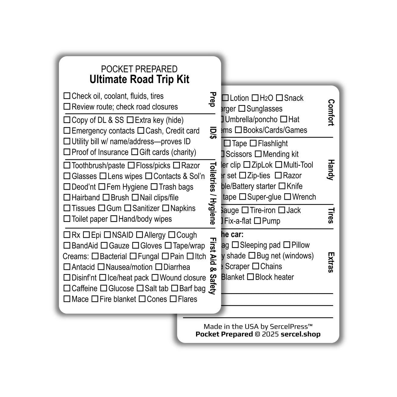 Ultimate Road Trip Wallet Card β Durable Travel Checklist Card β Roadside Emergency, Packing, Vehicle Prep β Pocket-Sized Plastic Card