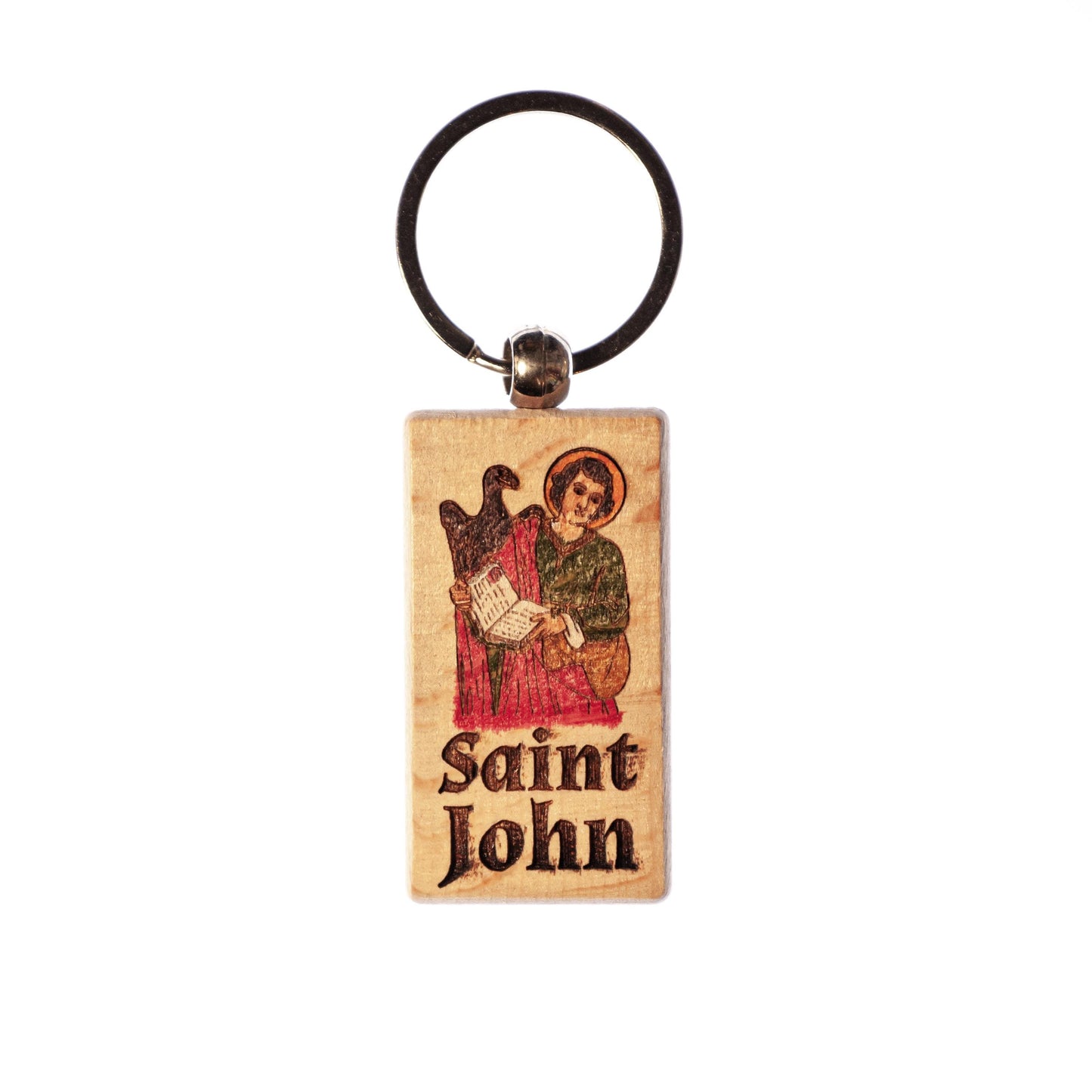 Saint John, Hand-Colored, Solid Wood Keychain, Engraved in the USA, Catholic