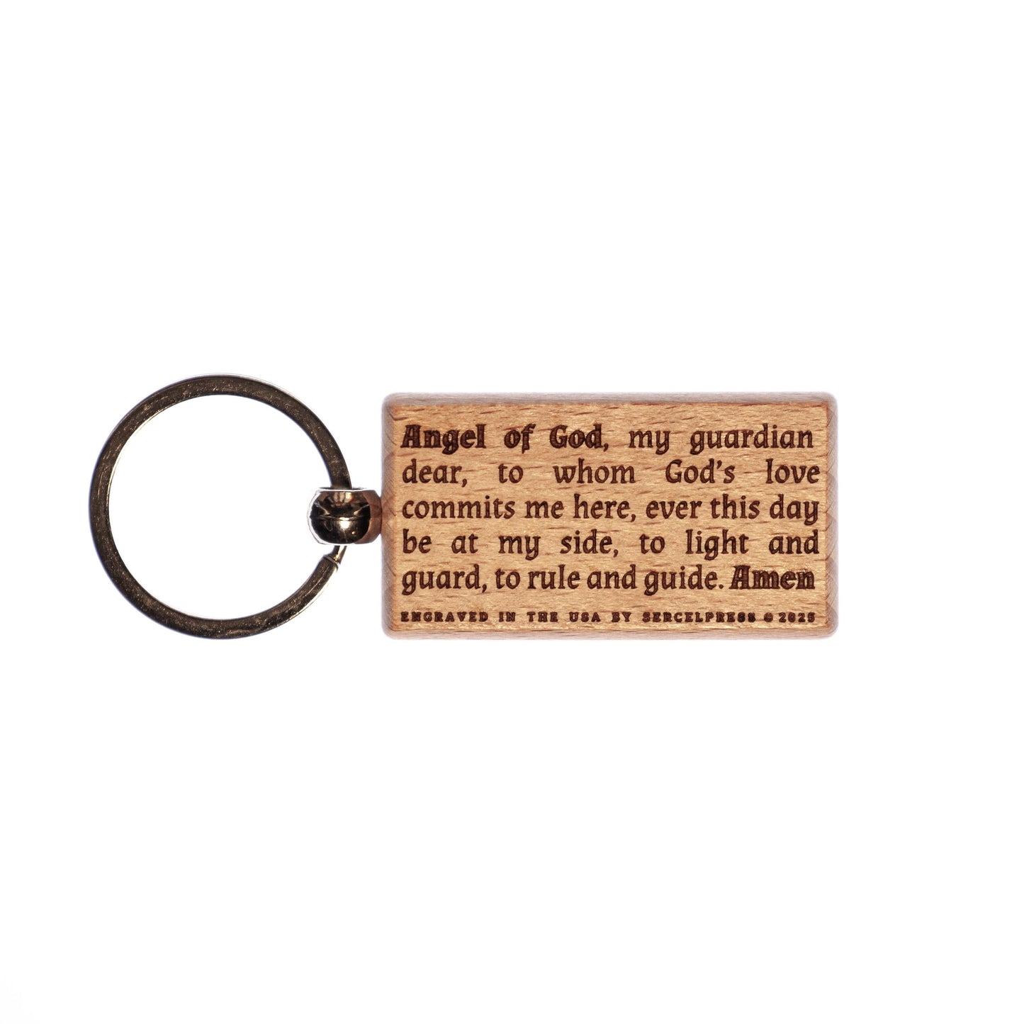 Guardian Angel Solid Wood Keychain, Engraved in the USA, Catholic Gift