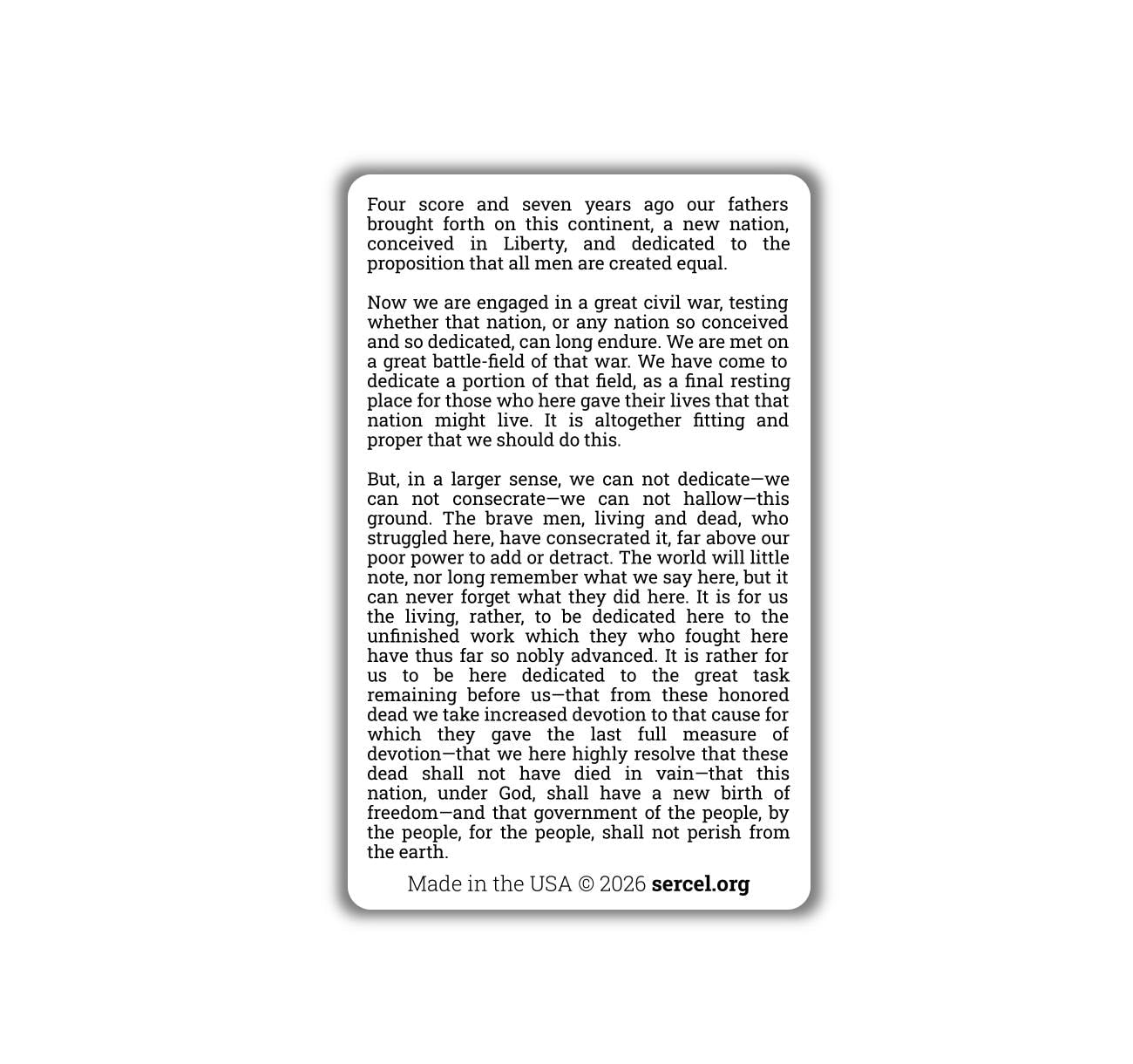 Gettysburg Address Wallet Card β Abraham Lincoln Speech β Durable Plastic EDC Card β US History, Patriotic Gift, Classroom