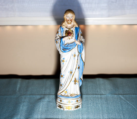 Vintage Sacred Heart of Jesus Statue, Hand-Painted Porcelain Bisque, 1930-50s German, 10.5 Inch