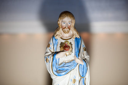 Vintage Sacred Heart of Jesus Statue, Hand-Painted Porcelain Bisque, 1930-50s German, 10.5 Inch