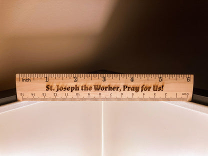 Prayer to St. Joseph the Worker | Natural Pine Wood Ruler | Laser Engraved | Wood Burning | Catholic Saints | Catholic Prayers