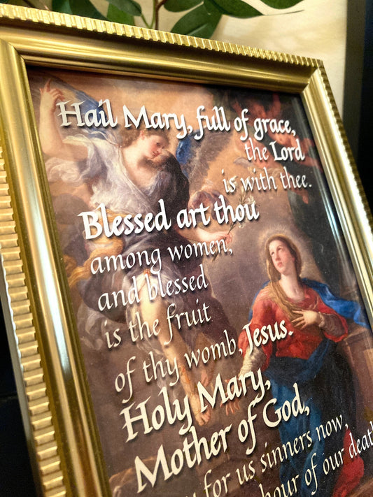 Hail Mary: 5x7 Framed Prayer with Ancient Artwork + Hail Mary Prayer Card | Catholic Art | Catholic Prayers