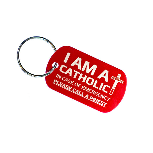 I AM A CATHOLIC Keychain Tag – Call a Priest Emergency Tag – Laser Engraved Metal ID – Red, Black, or Blue – Catholic Gift Key Ring