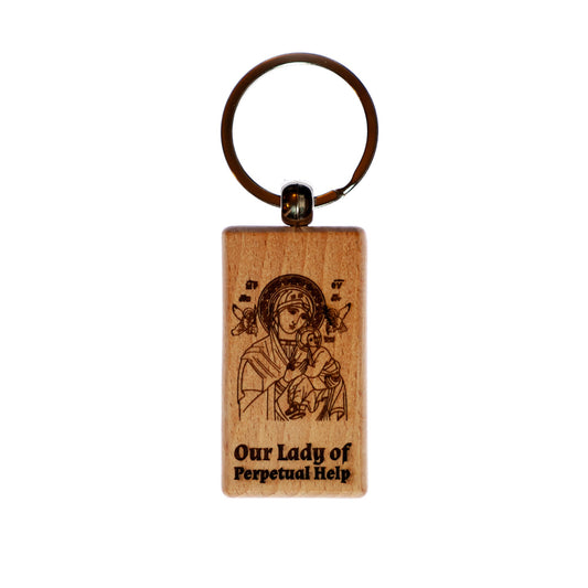 Our Lady of Perpetual Help, Solid Wood Keychain, Engraved in the USA, Catholic