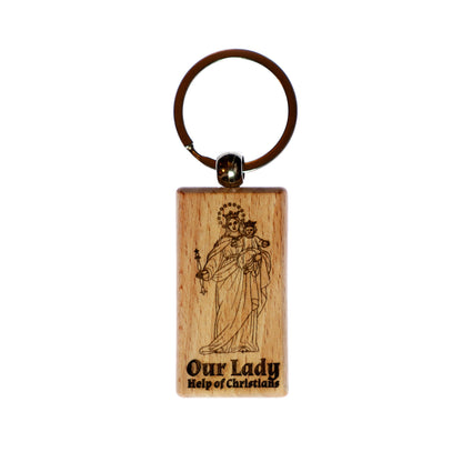 Our Lady Help of Christians, Solid Wood Keychain, Engraved in the USA, Catholic