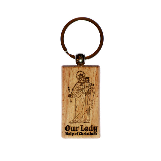 Our Lady Help of Christians, Solid Wood Keychain, Engraved in the USA, Catholic