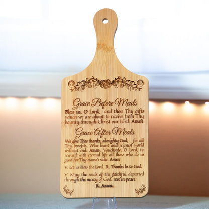 Grace Before & After Meals, Bless Us O Lord, Decorative Bamboo Cutting Board, 11" x 5" x 0.39" | Engraved in the USA | Catholic Living