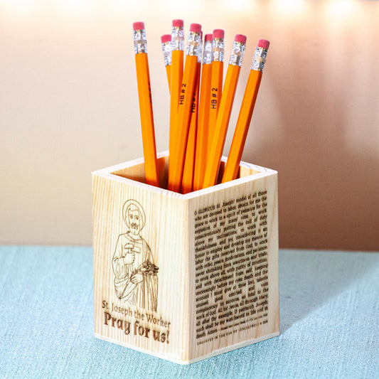 St. Joseph the Worker Natural Wood Pencil Holder, Laser Engraved in the USA with Image & Prayer, Catholic Saints, Catholic Living