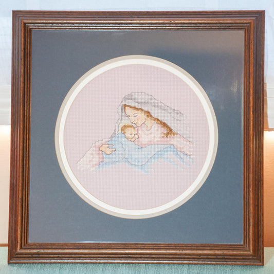 Vintage Hand-Stitched, Madonna & Child Cross Stitch, Triple-Matted and Framed, 12.5 Inch Frame with Hanger