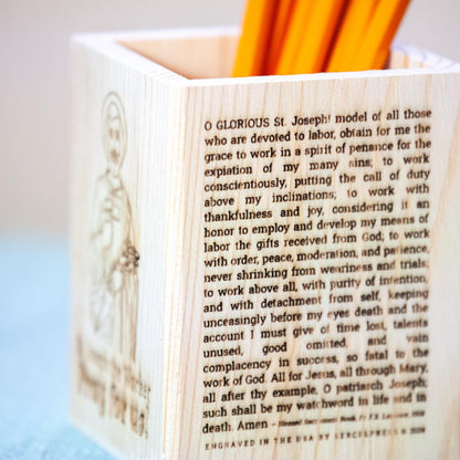 St. Joseph the Worker Natural Wood Pencil Holder, Laser Engraved in the USA with Image & Prayer, Catholic Saints, Catholic Living