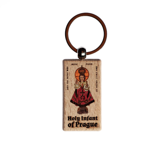 Holy Infant of Prague, Hand-Colored Solid Wood Keychain, Engraved in the USA, Catholic