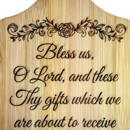 Grace Before Meals, Bless Us O Lord, Decorative Bamboo Cutting Board, 11" x 5" x 0.39" | Engraved in the USA | Catholic Living