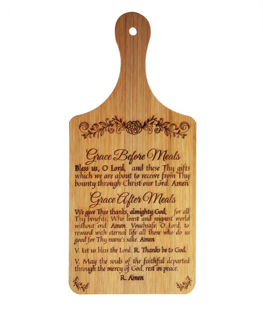 Grace Before & After Meals, Bless Us O Lord, Decorative Bamboo Cutting Board, 11" x 5" x 0.39" | Engraved in the USA | Catholic Living