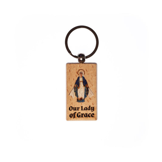 Our Lady of Grace, Hand-colored, Solid Wood Keychain, Engraved in the USA, Catholic