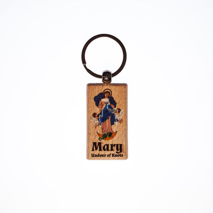 Mary Undoer of Knots, Hand-Colored, Solid Wood Keychain, Engraved in the USA, Catholic