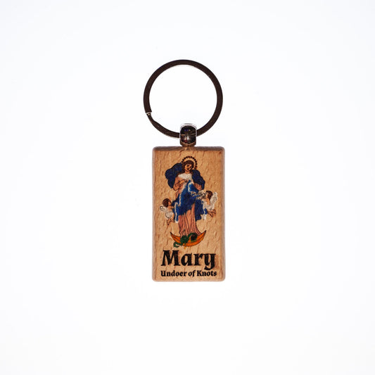 Mary Undoer of Knots, Hand-Colored, Solid Wood Keychain, Engraved in the USA, Catholic
