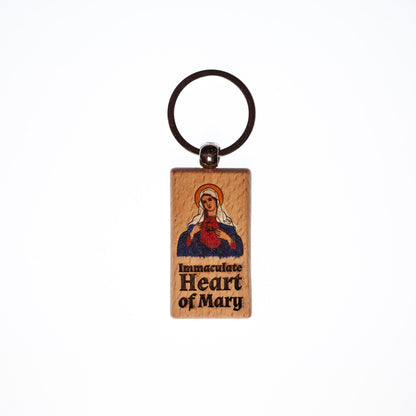 Immaculate Heart of Mary, Hand-Colored, Solid Wood Keychain, Engraved in the USA, Catholic