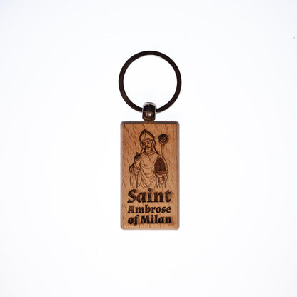 Saint Ambrose of Milan, Solid Wood Keychain, Engraved in the USA, Catholic