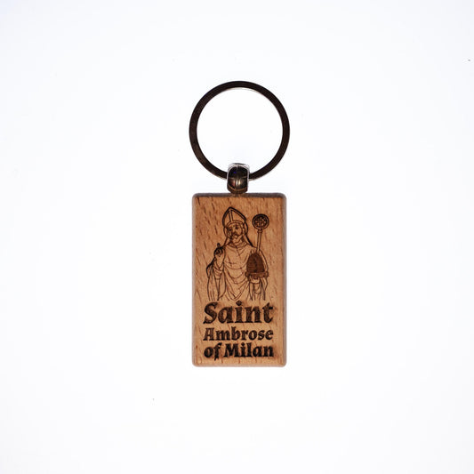 Saint Ambrose of Milan, Solid Wood Keychain, Engraved in the USA, Catholic