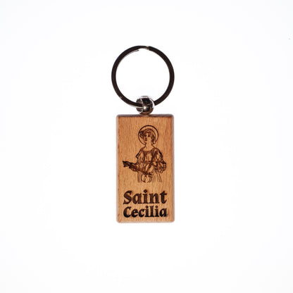 Saint Cecilia, Solid Wood Keychain, Engraved in the USA, Catholic