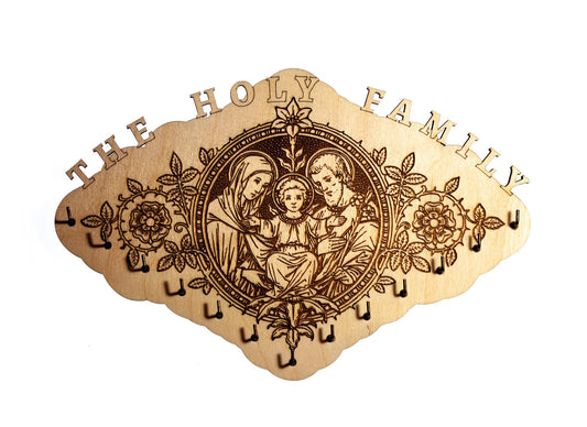 Large Holy Family Rosary Hanger, 13 Hooks, 11.75 x 7.75 Inches, Made in the USA, Holy Family of Jesus, Mary and Joseph, Catholic Living