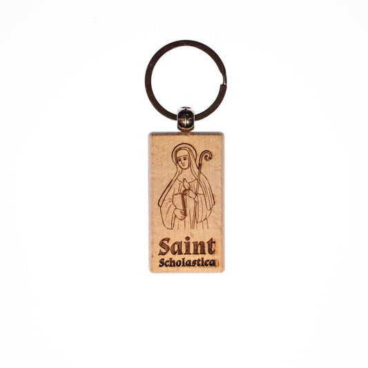 Saint Scholastica, Solid Wood Keychain, Engraved in the USA, Catholic