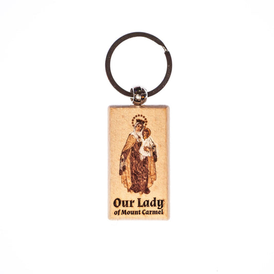 Our Lady of Mount Carmel, Hand-Colored, Solid Wood Keychain, Engraved in the USA, Catholic
