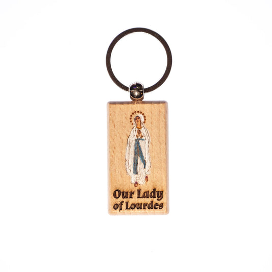 Our Lady of Lourdes, Hand-Colored, Solid Wood Keychain, Engraved in the USA, Catholic