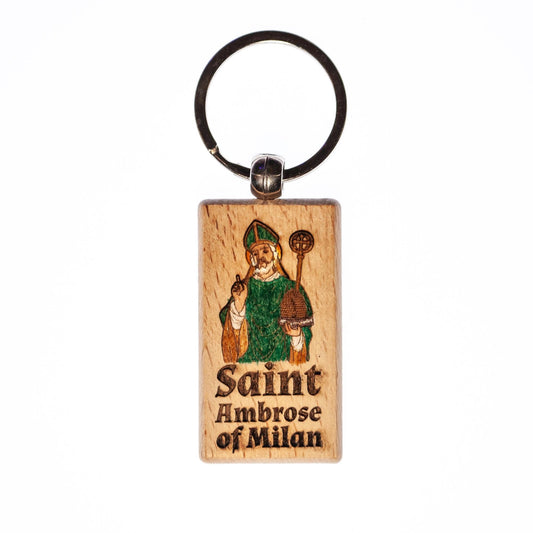 Saint Ambrose of Milan, Hand-Colored, Solid Wood Keychain, Engraved in the USA, Catholic