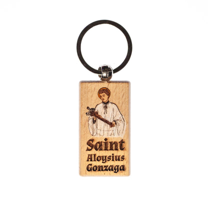 Saint Aloysius Gonzaga, Hand-Colored, Solid Wood Keychain, Engraved in the USA, Catholic